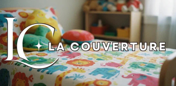 couverture motif animaux lions éléphants lit enfant chambre colorée joyeuse