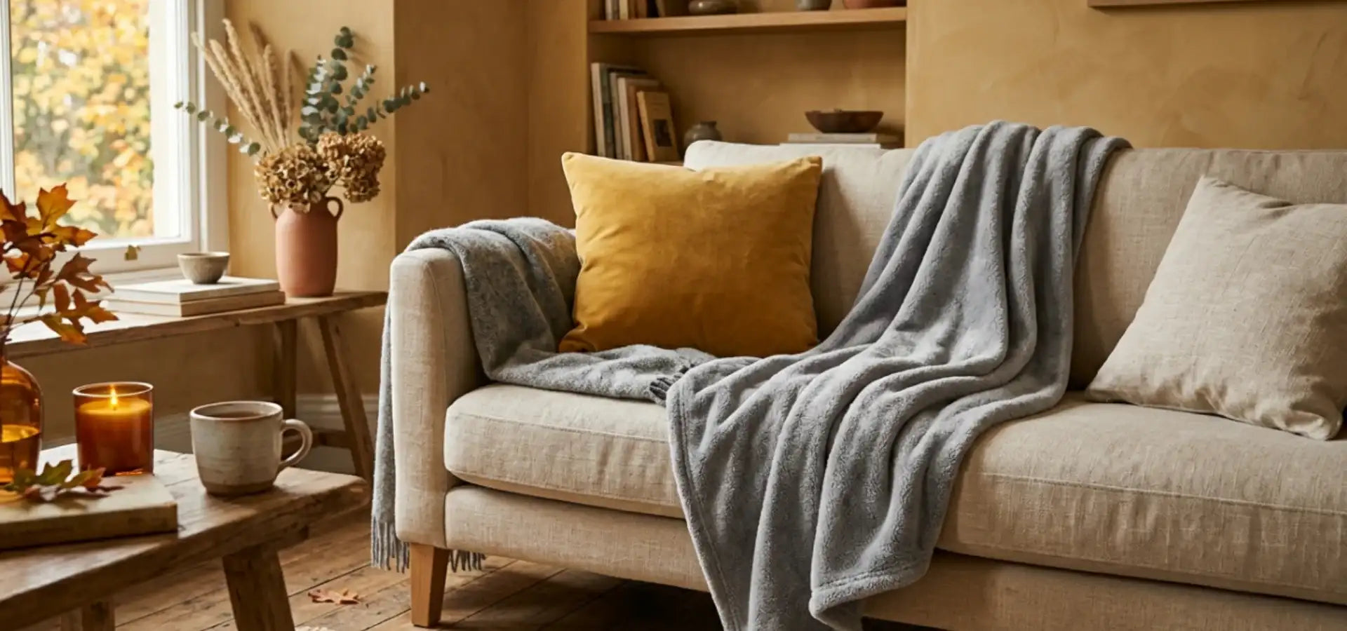 Plaid gris drapé sur canapé beige dans salon cosy ambiance automne