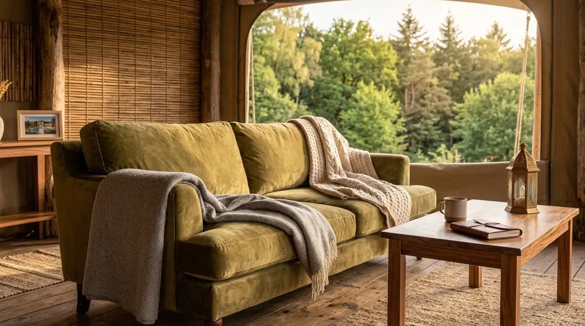Canapé en velours vert olive avec des plaids texturés drapés sur ses coussins
