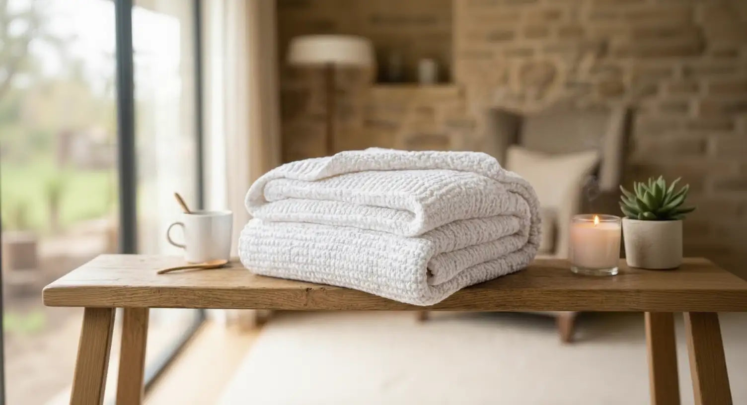 Une couverture d’appoint moelleuse et texturée, de couleur blanc cassé, soigneusement pliée sur une table en bois.