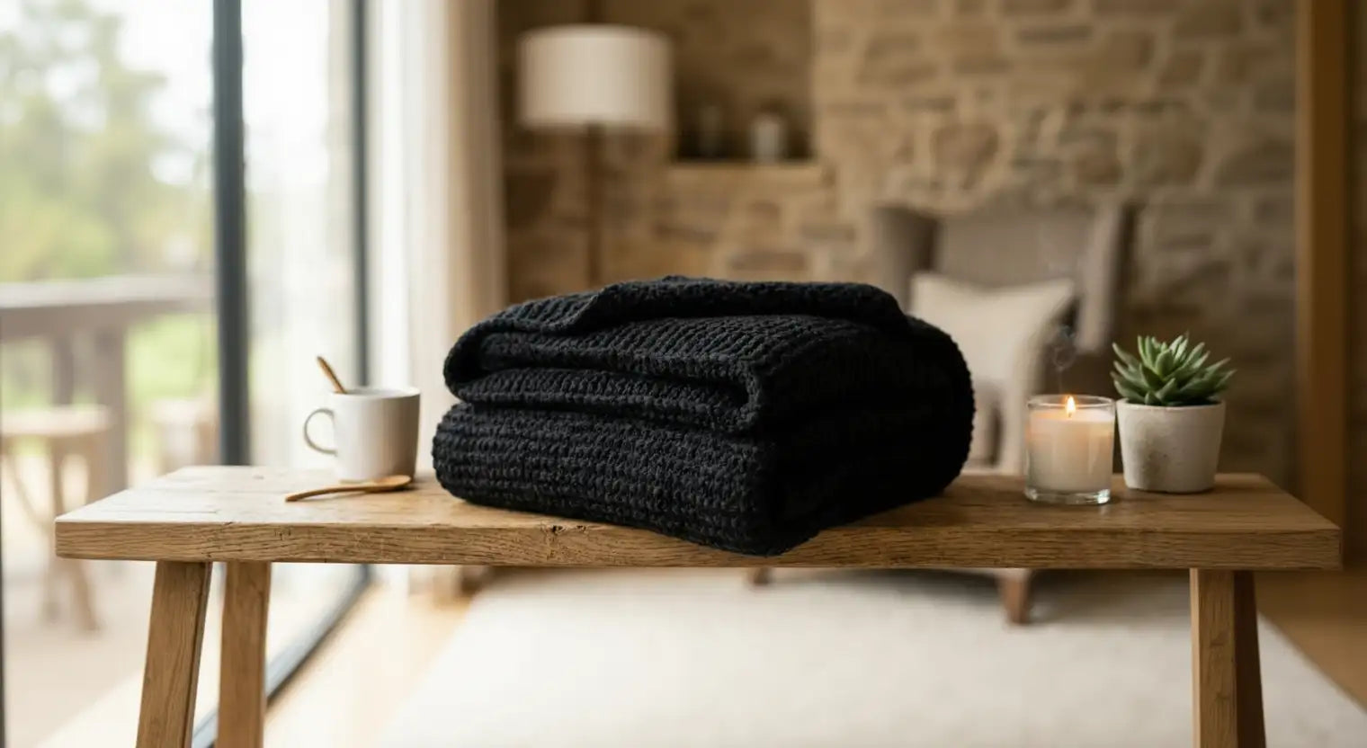 Une couverture épaisse en tricot noir, à texture et motif en maille épaisse, repose bien pliée sur une table en bois.