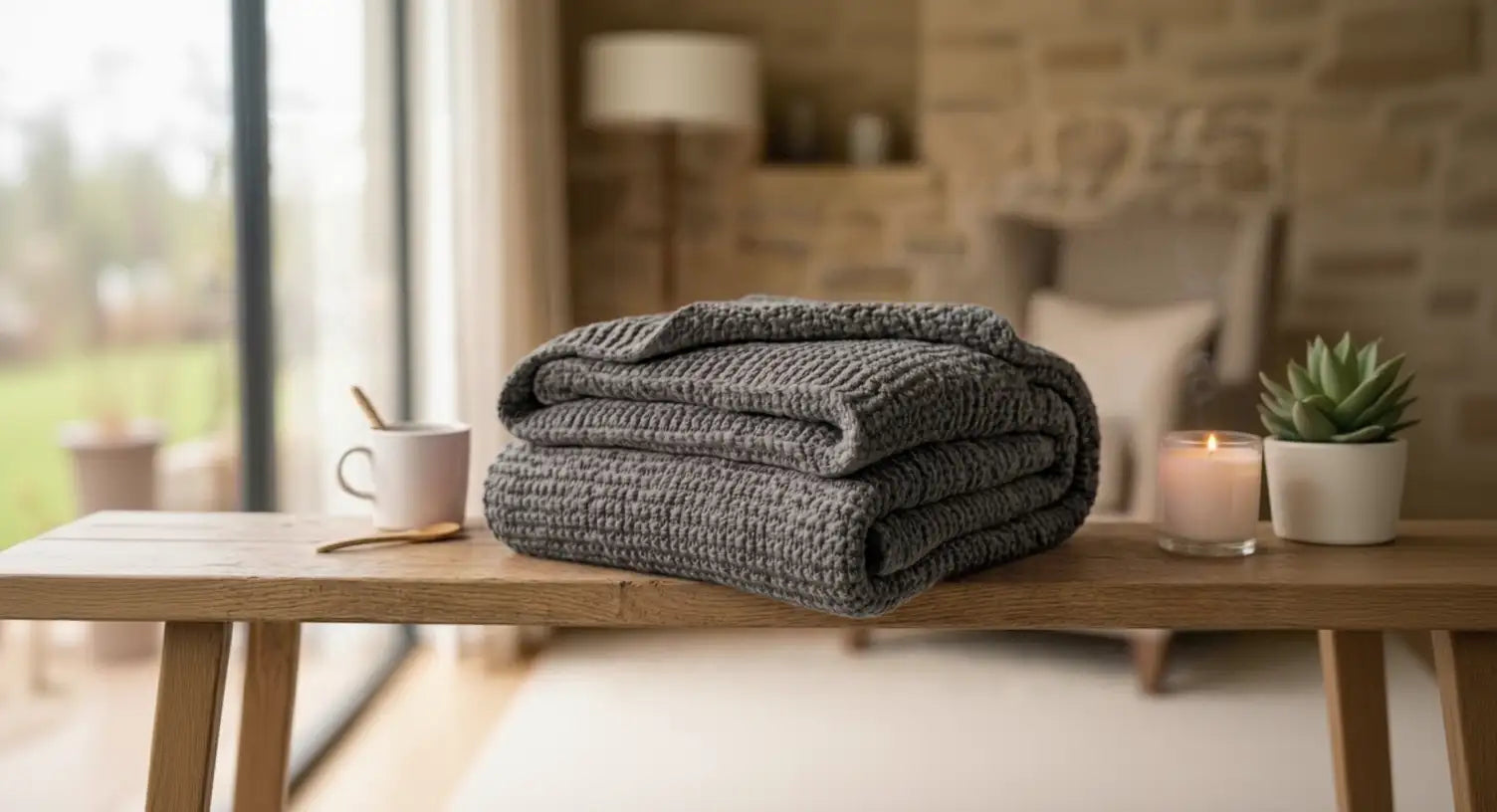 Une couverture grise en tricot soigneusement pliée repose sur une table en bois.