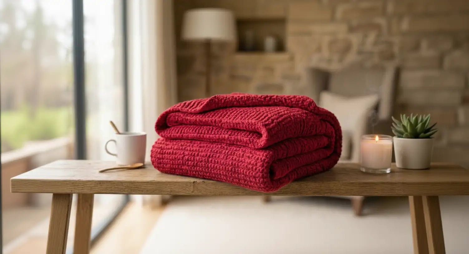 Une couverture de jeté en tricot rouge vif, moelleuse, avec un motif en tricot épais et texturé.
