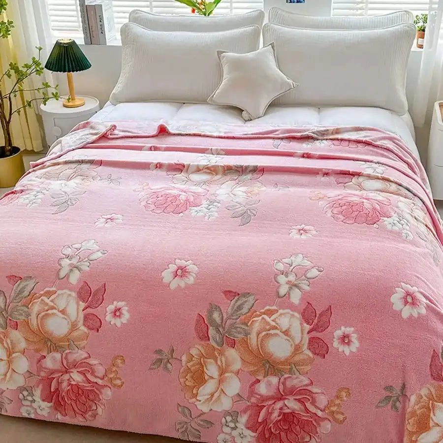 Couverture polaire rose imprimée pivoines et fleurs sur lit double