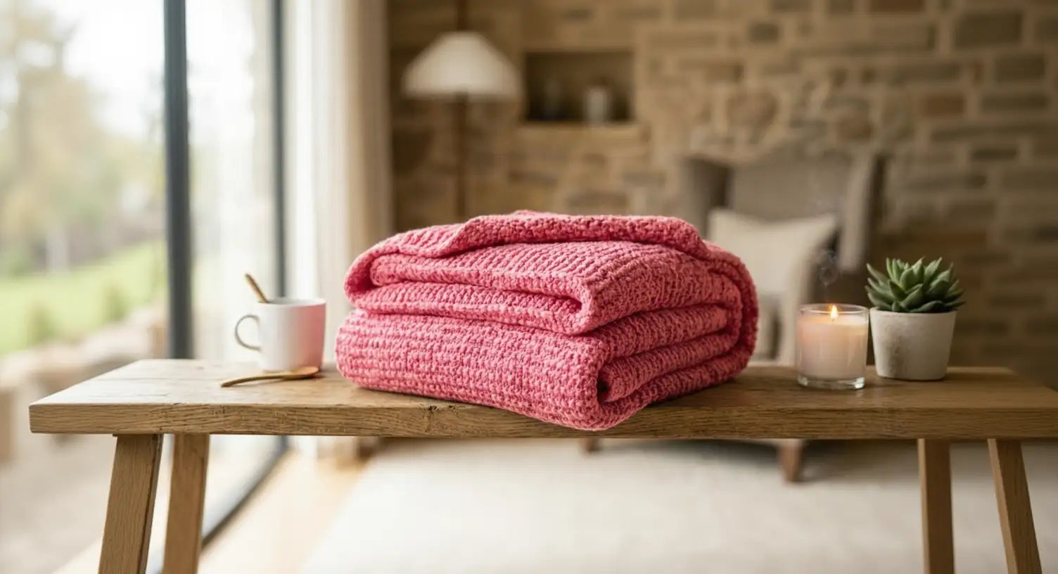 Une couverture en maille douce rose corail, tricotée avec un motif côtelé et épais, repose bien pliée sur une table en bois.