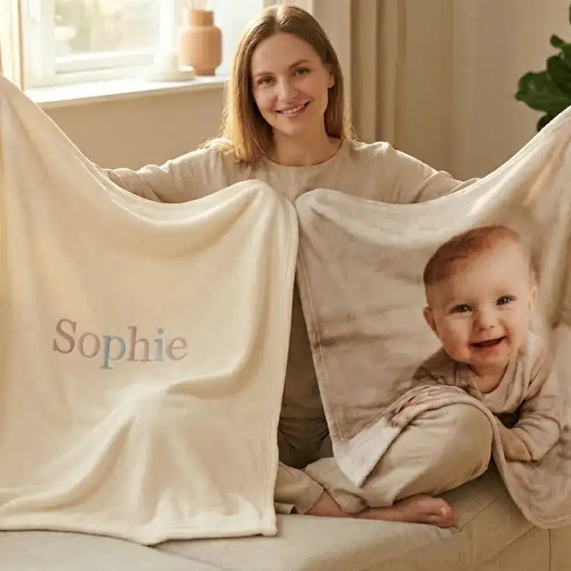 Couverture personnalisée avec prénom brodé et impression photo pour bébé