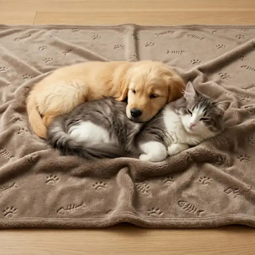 Couverture polaire taupe pour animaux motifs pattes avec chiot et chat allongés dessus
