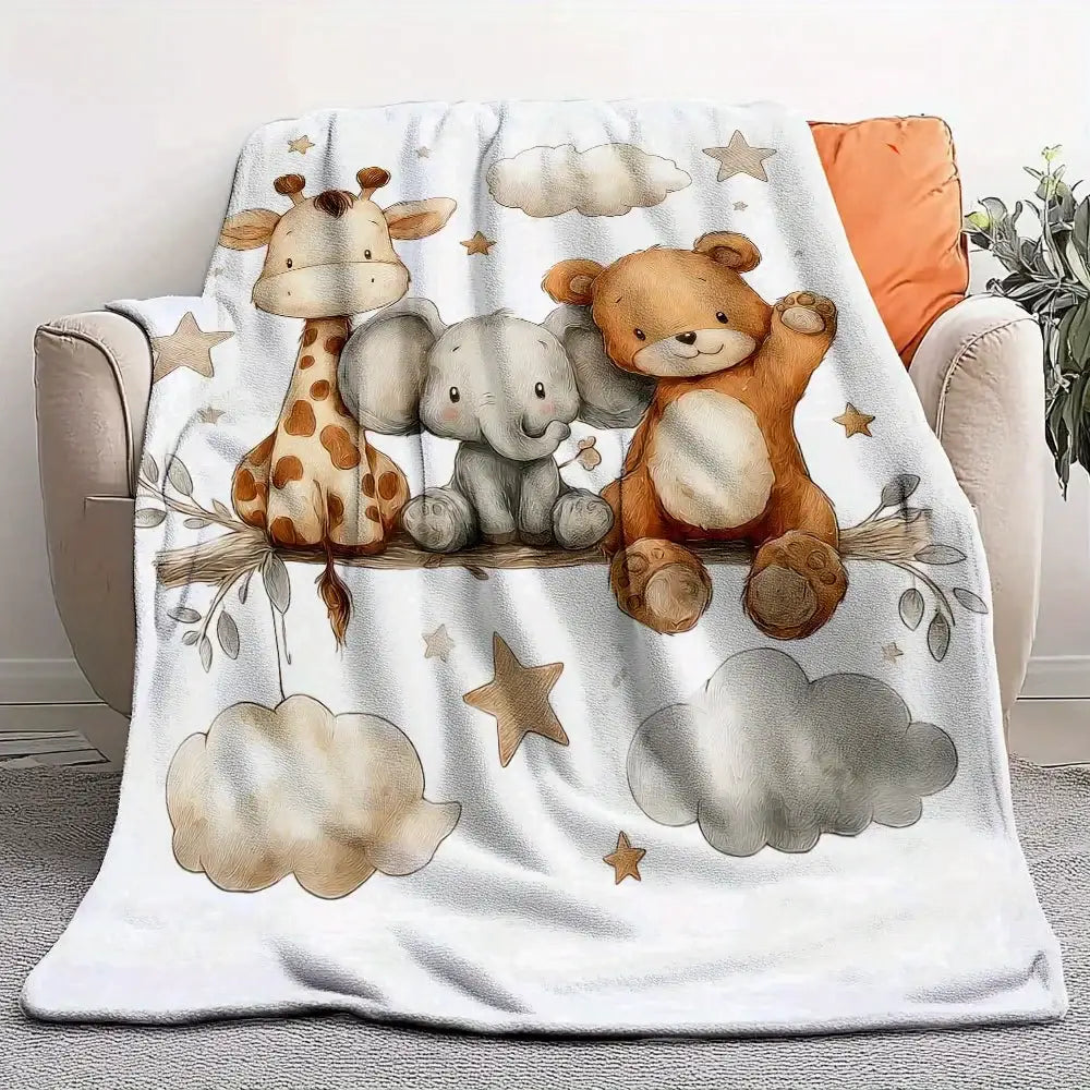 Flannel Animal Print Blanket - Giraffe Elephant and Teddy Bear Pattern Blanket Soft and Lightweight Bedding