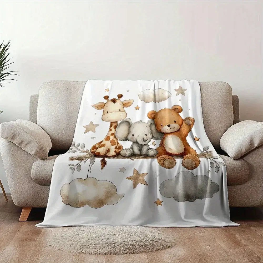 Flannel Animal Print Blanket - Giraffe Elephant and Teddy Bear Pattern Blanket Soft and Lightweight Bedding