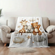 Flannel Animal Print Blanket - Giraffe Elephant and Teddy Bear Pattern Blanket Soft and Lightweight Bedding