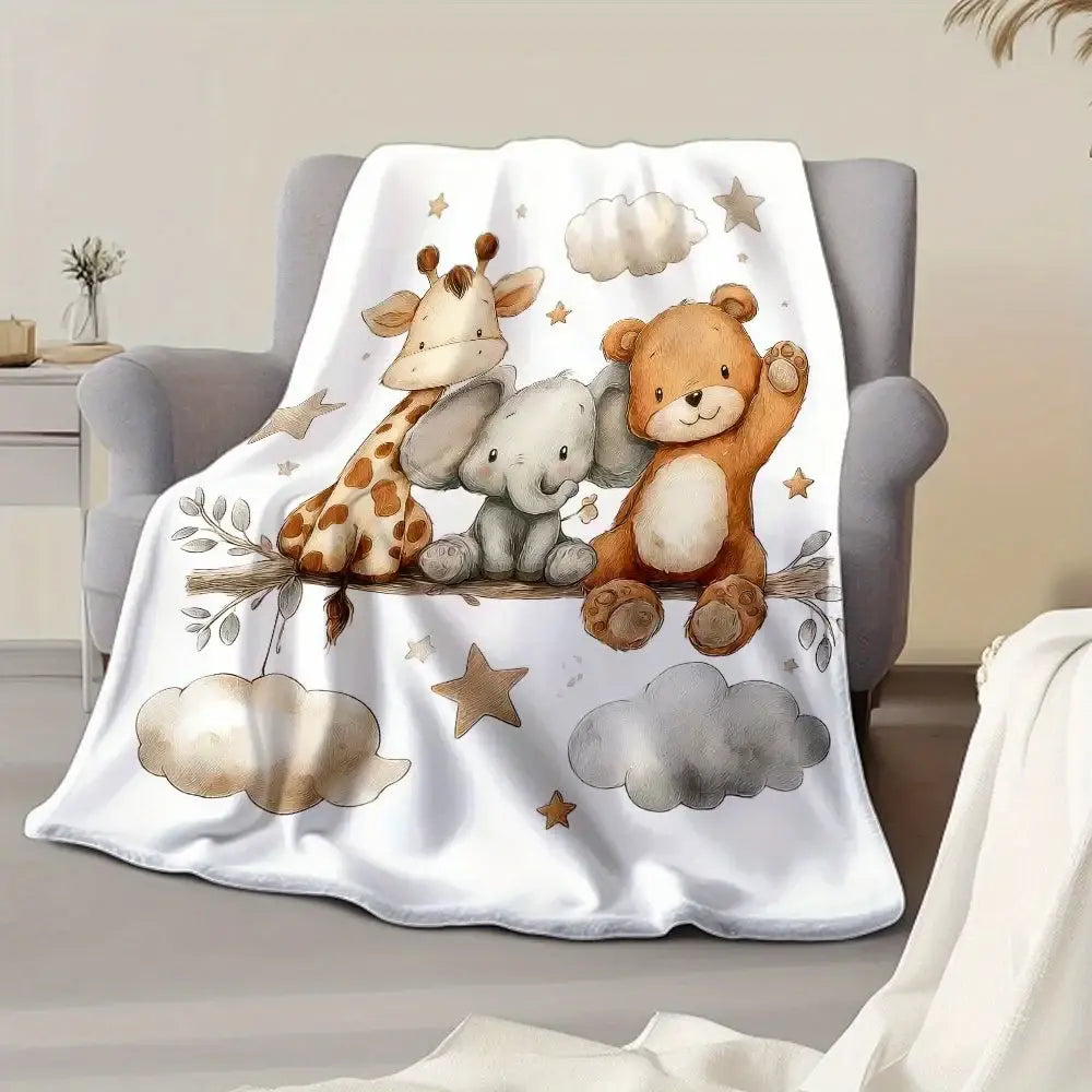 Flannel Animal Print Blanket - Giraffe Elephant and Teddy Bear Pattern Blanket Soft and Lightweight Bedding