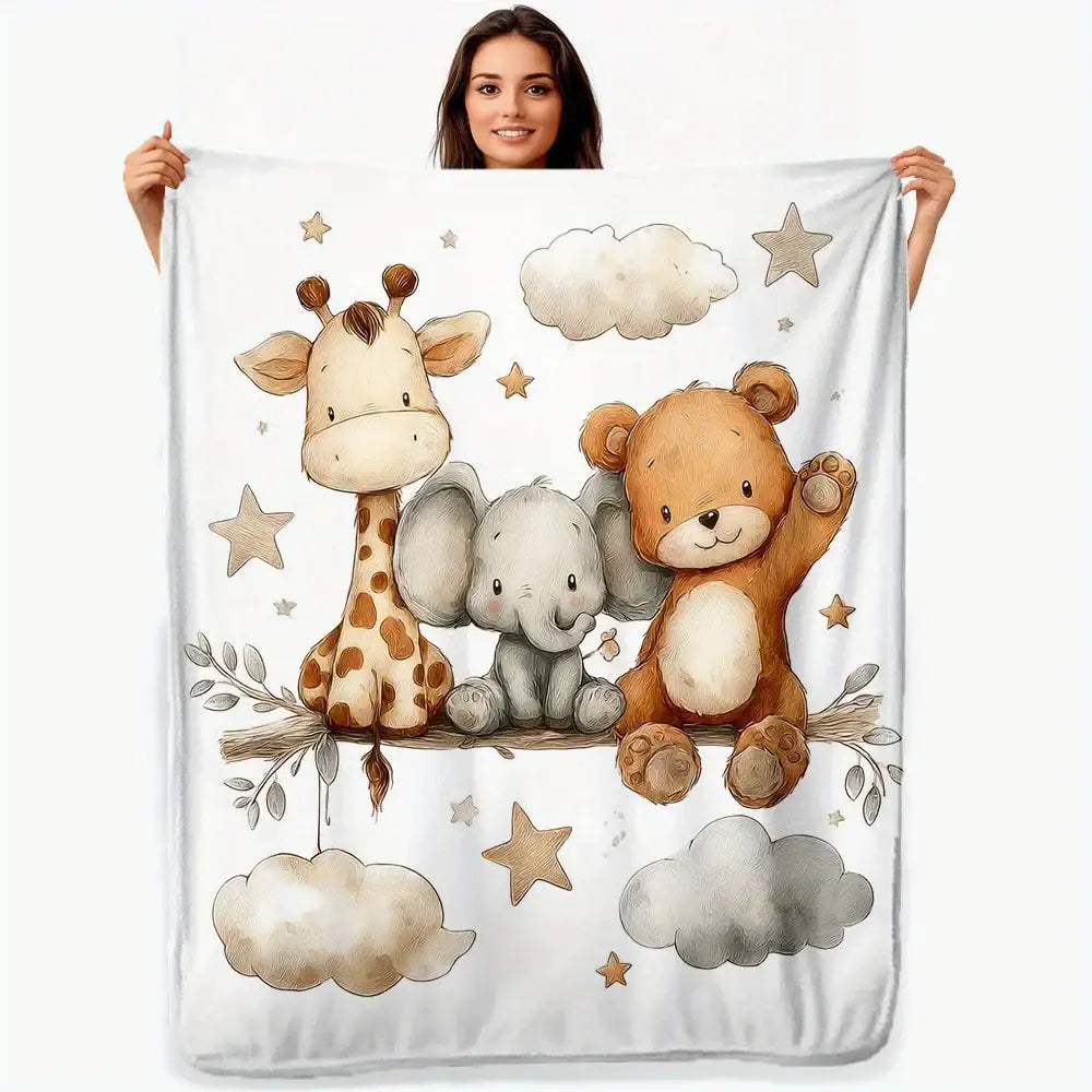 Flannel Animal Print Blanket - Giraffe Elephant and Teddy Bear Pattern Blanket Soft and Lightweight Bedding - 150x200cm