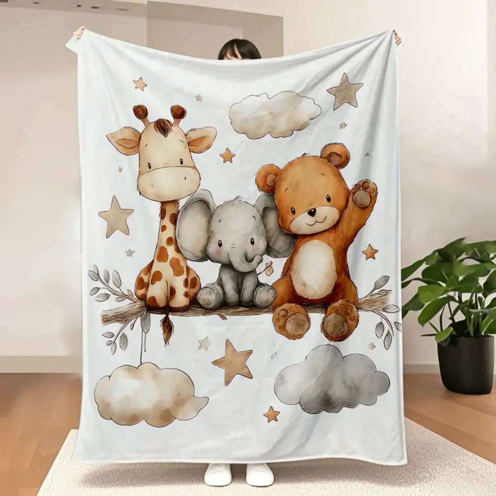 Flannel Animal Print Blanket - Giraffe Elephant and Teddy Bear Pattern Blanket Soft and Lightweight Bedding