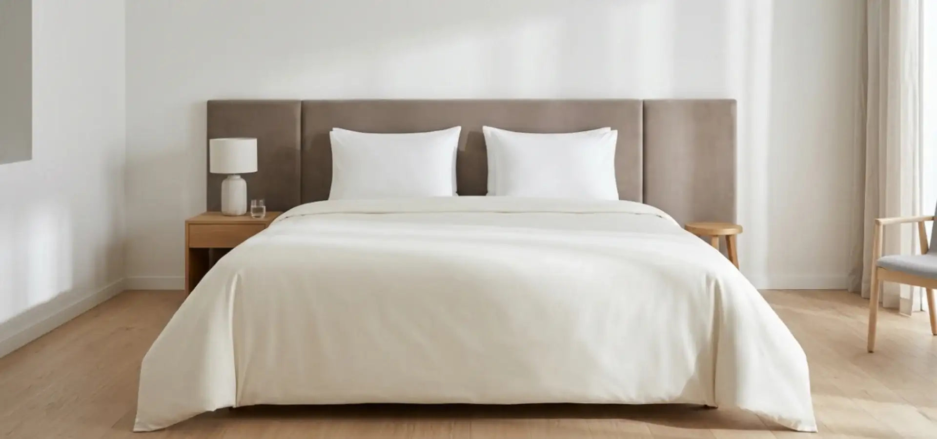 Couverture ivoire unie sur lit double dans chambre moderne minimaliste tête de lit taupe
