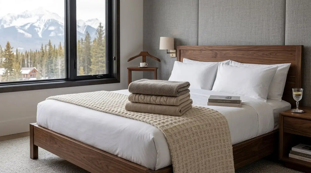 Lit en bois avec une finition brun foncé et une tête de lit assortie, avec du linge blanc et des serviettes beige soigneusement pliées empilées au-dessus.