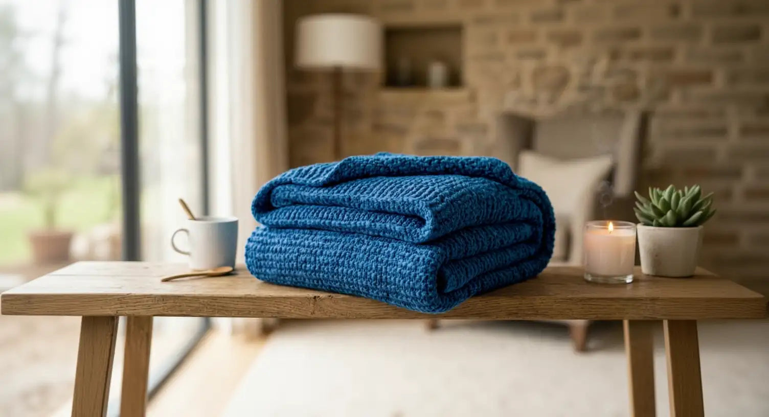 Une riche couverture en tricot bleu, avec un tissage texturé, repose bien pliée sur une table en bois.