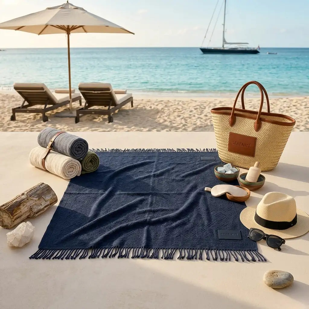 Serviette de plage texturée bleu marine avec bords à franges